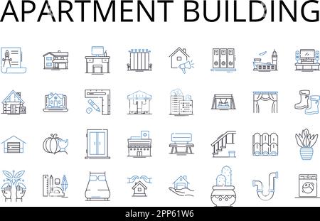 Symbolsammlung für Wohnungsbaulinien. Büroblock, Hotelbetrieb, Einkaufskomplex, Wohnblock, Geschäftsgebäude, Eigentumswohnung Stock Vektor