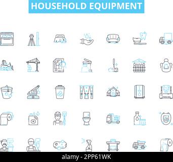 Lineare Symbole für Haushaltsgeräte. Mixer, Spülmaschine, Kühlschrank, Mikrowelle, Toaster, Schilder für Ofen, Vektor der Vakuumleitung und Konzept. Waschmaschine, Trockner Stock Vektor