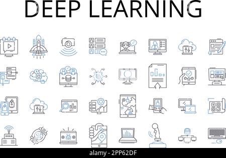 Deep Learning Line Icons Kollektion. Künstliche Intelligenz, maschinelles Lernen, Datenwissenschaft, Computervision, Verarbeitung natürlicher Sprache, Kognitiv Stock Vektor