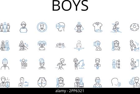 Boys Line Icons Kollektion. Männer, Jungs, Männer, Jungs, Brüder, Jungs, Gentlemen, Vektor und lineare Darstellung. Jungs, Jungs, Söhne umreißen Schilder Stock Vektor