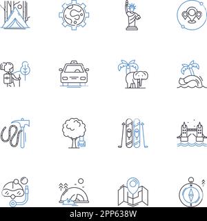 Kollektion der Pros Line Icons. Abenteuer, Erkundungen, Wanderlust, Reisen, Roaming, Besichtigung, Kulturvektor und lineare Illustration Stock Vektor