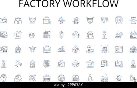 Symbolsammlung für werkseitige Workflow-Linien. Unternehmen, Organisation, Unternehmen, Firma, Firma, Branche, Marketplace-Vektor und lineare Darstellung Stock Vektor