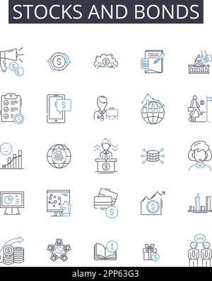 Symbolsammlung für Aktien und Anleihen. Schulden und Eigenkapital, Kaufen und Verkaufen, schnell und langsam, heiß und kalt, hoch und niedrig, Rein und raus, guter und schlechter Vektor und Stock Vektor