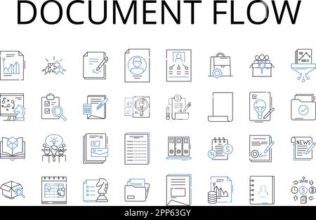 Symbolsammlung für den Dokumentfluss. Workflow-Management, Informationsfluss, Geschäftsprozess, Aufgabensequenz, Prozessflussdiagramm, Daten-Pipeline Stock Vektor