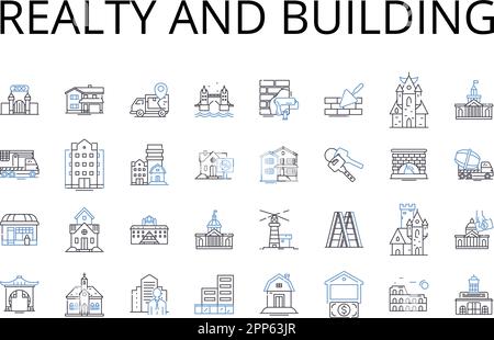 Icons für Immobilien und Gebäudelinien. Immobilien, Haus und Unterkunft, Wohnen und Wohnen, Wohnsitz und Wohnsitz, Haus und Wohnsitz Stock Vektor