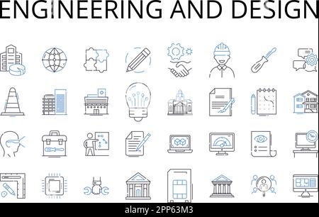 Symbolsammlung für Engineering- und Designlinien. Artikulieren Sie den Diskurs, kühne Vorstellungskraft, kreativer Einfallsreichtum, dynamische Innovation, effektive Ergebnisse, Fließend Stock Vektor