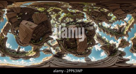 Architektonische Umgebung Ein Spiegelbild einer Landschaft mit Bäumen und Felsen, Himmelshintergrund, Matte Malkonzepte, eine detaillierte Matte Stockfoto