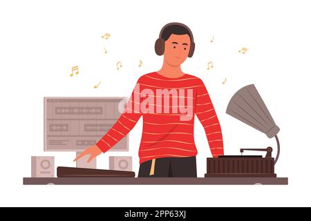 DJ man Mixing Music and Record Audio Sounds Konzeptdarstellung Stock Vektor