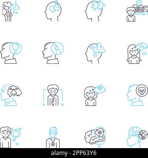 Psychologisches Denken, lineare Symbole gesetzt. Kognition, Wahrnehmung, Emotionen, Verhalten, Determinismus, Mindset, Self-Reflection Line Vector und Concept Signs Stock Vektor