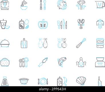Geschirr Artikel Lineare Symbole gesetzt. Teller, Schalen, Tassen, Untertassen, Gabeln, Löffel, Messerlinienvektor und Konzeptzeichen. Servietten, Tischsets, Untersetzer Stock-Vektorgrafik