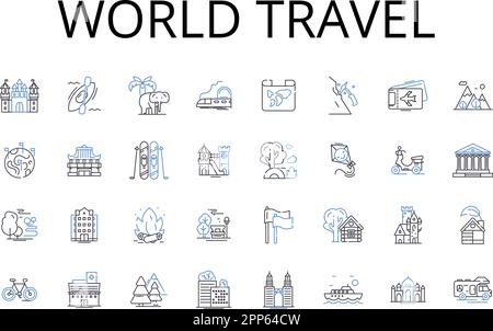 World Travel Line Icons Kollektion. Global Journey, Overseas Adventure, Wanderlust Tourismus, Intercontinental Exploration, rund um den Globus Stock Vektor