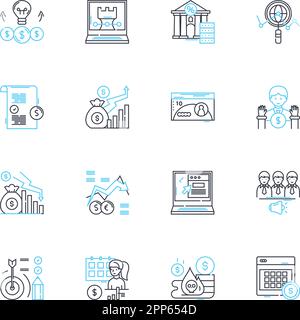 Lineare Symbolgruppe für Anlagenzuordnung. Diversifizierung, Portfolio, Risiko, Renditen, Aktien, Anleihen, Cash-Line-Vektor und Konzeptzeichen. Zuteilung Stock Vektor
