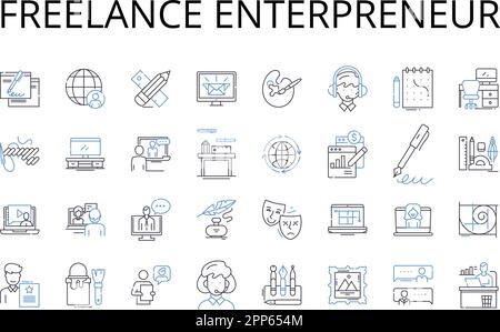 Freelance Enterpreneur Line Icons Kollektion. Einzelunternehmer, unabhängiger Auftragnehmer, Selbstständiger, Freiberufler, Nebenabnehmer, Digitale Nomade Stock Vektor