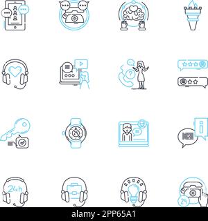 Lineare Symbole der AID-Einrichtung festgelegt. Hilfe, Hilfe, Unterstützung, Hilfe, Hilfe, Hilfe, Spende, Betreuungslinienvektor und Konzeptzeichen. Service, Outreach, Notfall Stock Vektor