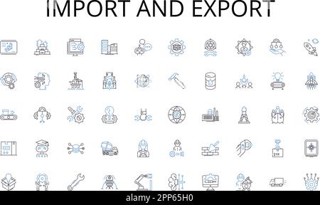 Sammlung von Zeilensymbolen importieren und exportieren. Codierung, Automatisierung, Cloud, Cybersicherheit, Algorithmus, Datenbank, Nerk-Vektor und lineare Darstellung Stock Vektor