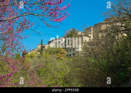 Malerischer Blick auf das Bergdorf Vallo di Nera in Umbrien während der Frühlingssaison in Italien Stockfoto