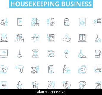 Lineare Symbole für das Housekeeping-Geschäft festgelegt. Sauberkeit, Hygiene, Sauberkeit, Schrubben, Staubwischen, Staubsaugen, Organisationslinienvektor und Konzeptzeichen Stock Vektor