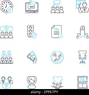 Lineare Symbolgruppe für Unternehmensposition. Führung, Management, Strategie, Innovation, Entwicklung, Marketing, Vektor und Konzeptschilder für Vertriebslinien Stock Vektor