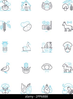 Agroecology Farming lineare Symbole gesetzt. Nachhaltigkeit, Vielfalt, Boden, Permakultur, Regeneration, Ökosystem, Organic Line Vector und Concept Signs Stock Vektor