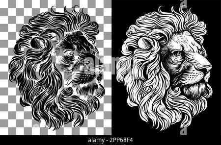 Löwenkopf Mit Holzschnitt Und Gravur Im Vintage-Stil Stock Vektor