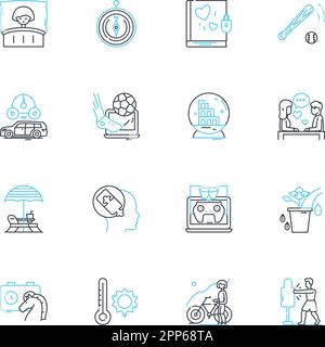 Lineare Symbole für soziales Verhalten festgelegt. Einfühlungsvermögen, Freundlichkeit, Mitgefühl, Altruismus, Großzügigkeit, Zusammenarbeit, Einhaltung von Linienvektoren und Konzeptzeichen. Toleranz Stock Vektor