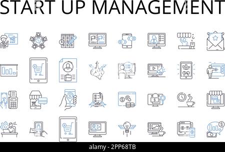 Starten Sie die Symbolsammlung der Verwaltungslinie. Geschäftsführung, Unternehmensführung, Unternehmensaufsicht, Unternehmensleitung, Betriebsmanagement Stock Vektor