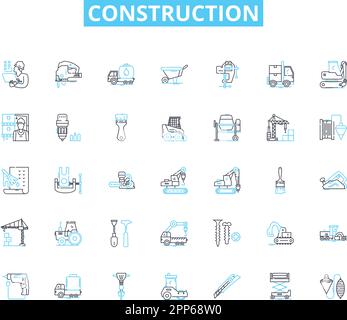 Lineare Konstruktionssymbole festgelegt. Renovierung, Umrahmung, Bedachung, Gießen, Abbruch, Tischlerei, Fundamentlinienvektor und Konzeptschilder. Blaupausen Stock Vektor
