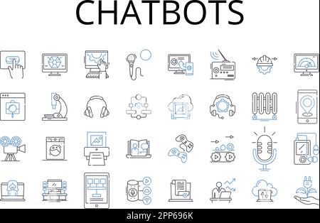Sammlung der Chatbots-Zeilensymbole. Künstliche Intelligenz, virtuelle Assistenten, Robotertechnologie, maschinelles Lernen, intelligente Automatisierung, Digital Stock Vektor