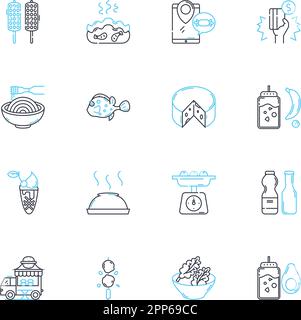 Lineare Symbole für die Lebensmittelindustrie. Produktion, Inhaltsstoffe, Qualität, Sicherheit, Verarbeitung, Verpackung, Hygienelinienvektor und Konzeptschilder Stock Vektor