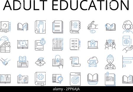 Kollektion mit Symbolen für die Erwachsenenbildung. Hochschulbildung, berufliche Entwicklung, Weiterbildung, lebenslanges Lernen, Erwachsenenbildung, Senioren Stock Vektor