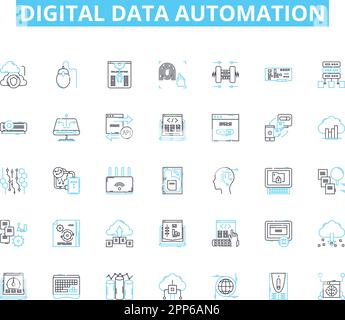 Lineare Symbole für die digitale Datenautomatisierung. Algorithmus, Analysen, Automatisierung, Backend, Big Data, Cloud, Code Line Vector und Concept Signs. Daten Stock Vektor