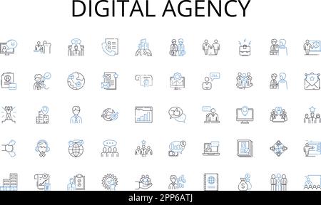 Symbolsammlung für die digitale Agentur. Ziel, Erfolg, Fortschritt, Ehrgeiz, Wachstum, Fortschritt, Entwicklungsvektor und lineare Darstellung Stock Vektor