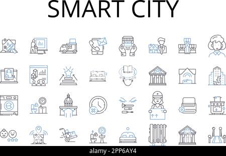 Smart City Line Icons Kollektion. Intelligentes Zuhause, effiziente Arbeitskräfte, nachhaltige Zukunft, vernetzte Autos, umweltfreundliches Leben, Innovativ Stock Vektor