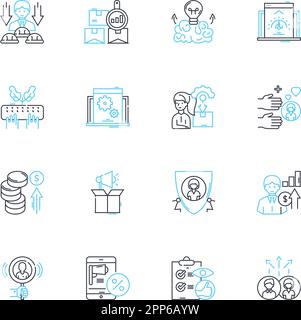 Lineare Symbole für Marketingtaktiken. SEO, Influencer, Social Media, Branding, Inhalte, E-Mail, Analytics Linienvektor und Konzeptzeichen. PPC, Partner Stock Vektor