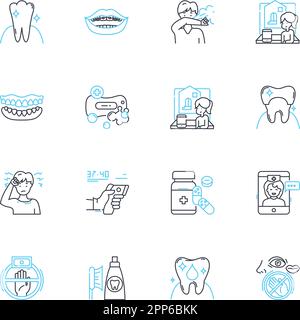 Zahnpflege Linearsymbolsatz. Zahnseide, Bürsten, Mundspülung, Fluorid, Hohlraum, Plaque, Tartar-Vektorsymbole und Linienkonzepte. Zahnspangen, Whit Stock Vektor