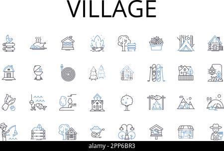 Ikonensammlung der Dorflinie. Hamlet, Kleinstadt, ländliche Gemeinde, Siedlung, Landschaft, Außenposten, Kolonivektor und lineare Darstellung. Township Stock Vektor