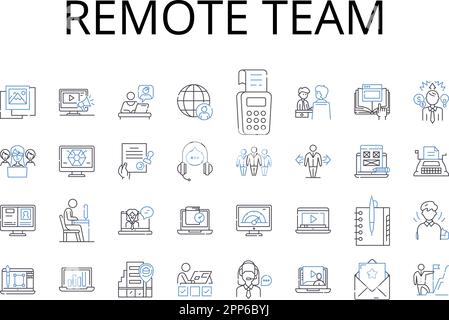 Symbolsammlung für Remote Team Line. Virtuelles Personal, entfernte Gruppe, externes Team, weit entfernte Crew, Online-Personal, Geografisch verteilte Einheit Stock Vektor