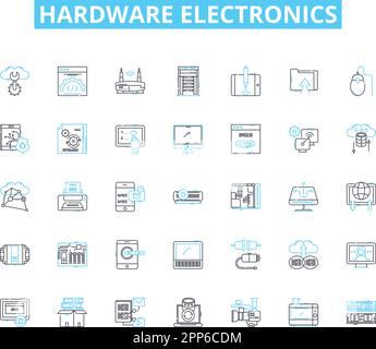 Hardware-Elektronik, lineare Symbole eingestellt. Schaltkreise, Mikrocontroller, Kondensator, Transistor, Diode, Widerstände, Halbleiterlinienvektor und Konzept Stock Vektor