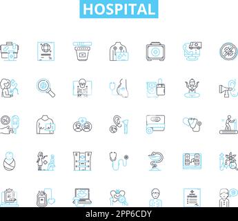 Lineare Symbole des Krankenhauses eingestellt. Medizin, Notfall, Personal, Patienten, Chirurgie, Wiederherstellung, Eintrittslinienvektor und Konzeptzeichen. Einheiten, Spezialisten, Gesundheit Stock Vektor