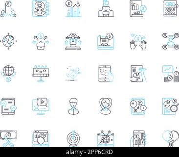 Lineare Symbole für Social-Media-Werbung. Engagement, Bewusstsein, Zielgruppenansprache, Reichweite, Konvertierung, Analysen, Viruslinienvektor und Konzeptzeichen Stock Vektor
