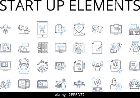 Starten Sie die Sammlung der Liniensymbole für Elemente. Unternehmensstart, Anfangsphase, Betriebsbeginn, Anfangsphase, Primärphase, Starterkit, Öffnen Stock Vektor