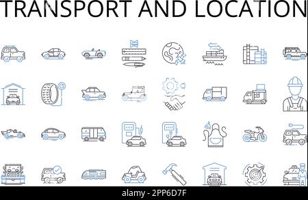 Symbolsammlung für Transport- und Standortlinien. Ransport, Pendelverkehr, Transfer, Transport, Versand, Transport, Importvektor und linear Stock Vektor