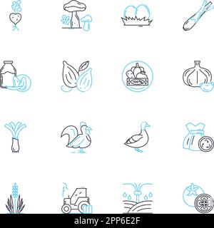 Nachhaltige Landwirtschaft – lineare Symbole gesetzt. Agroforst, Biodiversität, Kohlenstoffbindung, Kompost, Erhaltung, Fruchtfolge, trockenresistente Leitung Stock Vektor