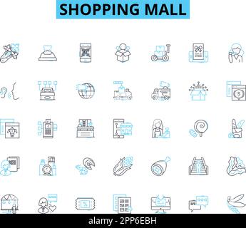 Lineare Symbole im Einkaufszentrum. Einzelhandel, Einkaufszentrum, Shopping, Marken, Geschäfte, Läden, Modevektor und Konzeptschilder. Trends, Geschäftsabschlüsse, Umsatzübersicht Stock Vektor