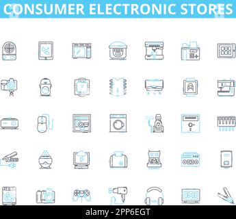 In der Unterhaltungselektronik werden lineare Symbole gespeichert. Gadgets, Appliances, Smartphs, Tablets, Laptops, Kameras, Überschriften, Linienvektor und Konzeptschilder. Lautsprecher Stock Vektor
