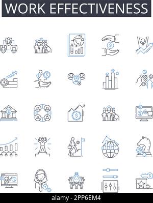 Symbolsammlung für Arbeitseffektivität. Teamsynergie, Mitarbeiterbindung, Aufgabeneffizienz, Produktivität bei Meetings, Zeitmanagement, Nutzung von Fähigkeiten Stock Vektor