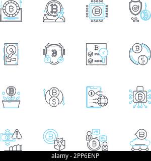 Lineare Symbole für FinTech Startups festgelegt. Digital, Innovation, Disruption, Blockchain, Zahlung, Kryptowährung, Finanzlinienvektor und Konzeptzeichen Stock Vektor