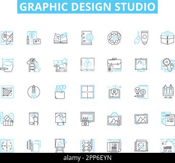Graphic Design Studio Linear Icons Set. Kreativität, Typografie, Branding, Logos, Illustration, Layout, Farblinienvektor und Zusatzzeichen Stock Vektor