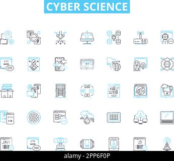 Lineare Symbole für Cyber Science gesetzt. Cybersicherheit, Verschlüsselung, Malware, Hacker, Phishing, Cyberkriminalität, Firewalls sind die Linien von Vektor- und Konzeptschildern. Botnets Stock Vektor