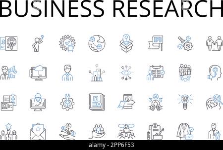 Symbolsammlung für Unternehmensforschungslinien. Marktanalyse, Wirtschaftsstudie, Finanzforschung, Umweltprüfung, Verbraucherforschung, Industrie Stock Vektor